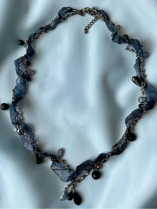 Cookie Lee Navy Ribbon Gunmetal Chain Crystal Dangle Beaded Necklace - Picture 12 of 12